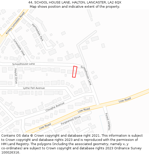 44, SCHOOL HOUSE LANE, HALTON, LANCASTER, LA2 6QX: Location map and indicative extent of plot