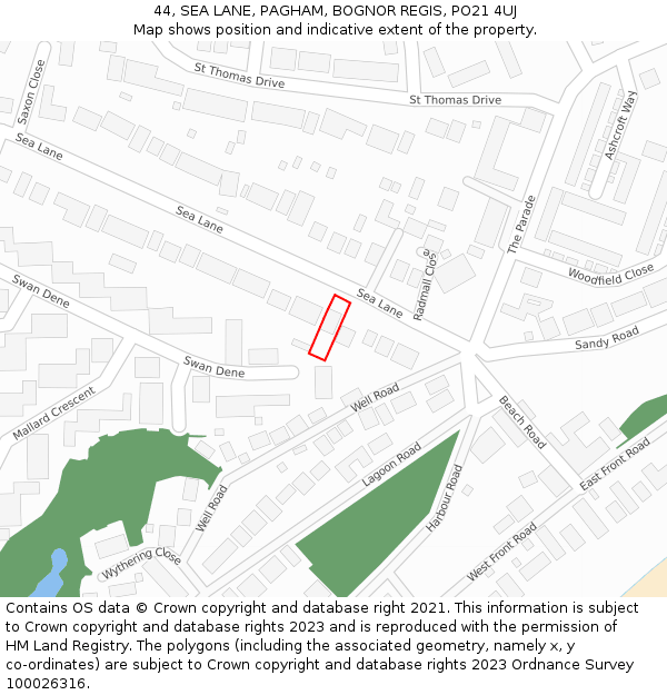 44, SEA LANE, PAGHAM, BOGNOR REGIS, PO21 4UJ: Location map and indicative extent of plot