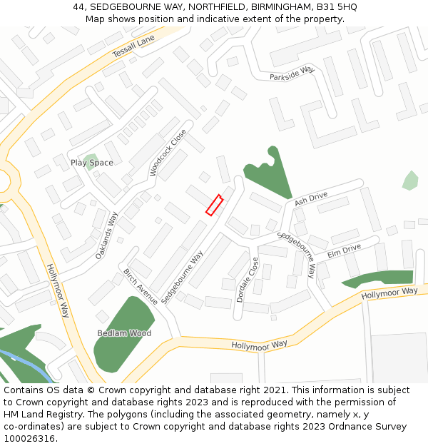44, SEDGEBOURNE WAY, NORTHFIELD, BIRMINGHAM, B31 5HQ: Location map and indicative extent of plot