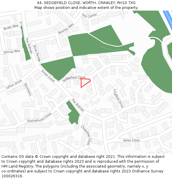 44, SEDGEFIELD CLOSE, WORTH, CRAWLEY, RH10 7XG: Location map and indicative extent of plot