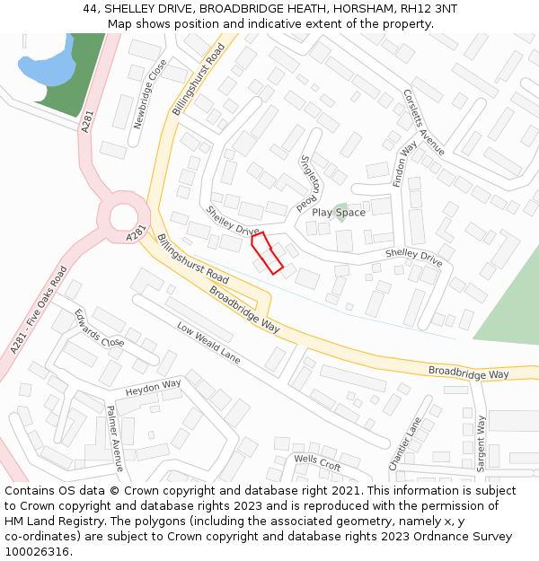 44, SHELLEY DRIVE, BROADBRIDGE HEATH, HORSHAM, RH12 3NT: Location map and indicative extent of plot