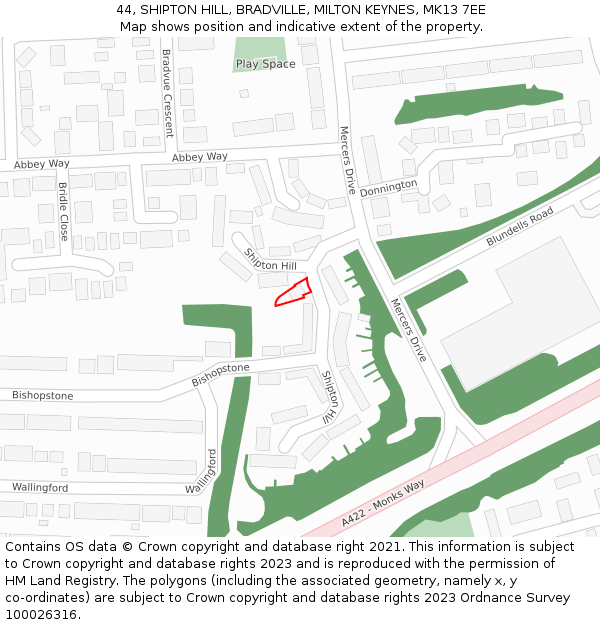 44, SHIPTON HILL, BRADVILLE, MILTON KEYNES, MK13 7EE: Location map and indicative extent of plot