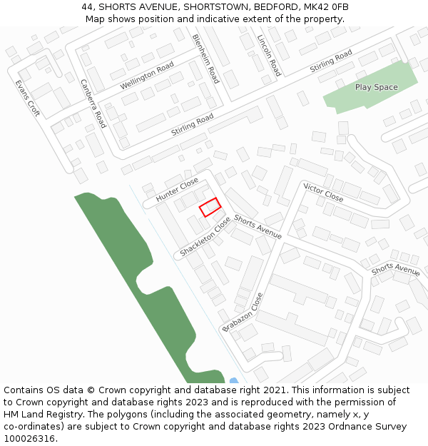 44, SHORTS AVENUE, SHORTSTOWN, BEDFORD, MK42 0FB: Location map and indicative extent of plot