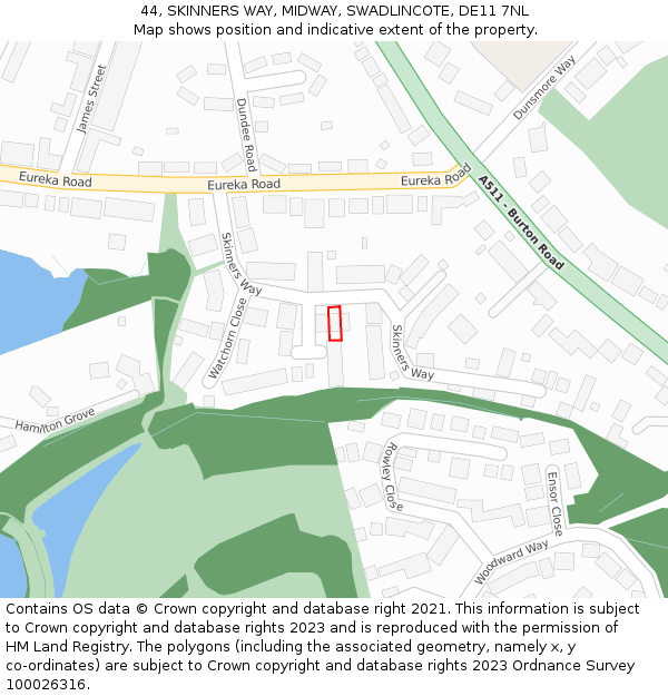 44, SKINNERS WAY, MIDWAY, SWADLINCOTE, DE11 7NL: Location map and indicative extent of plot