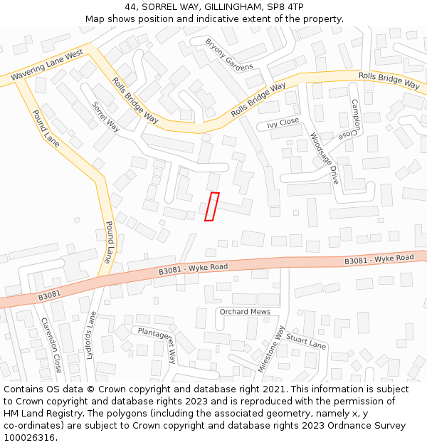 44, SORREL WAY, GILLINGHAM, SP8 4TP: Location map and indicative extent of plot