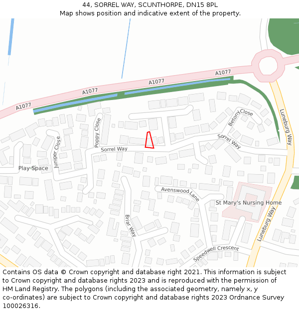 44, SORREL WAY, SCUNTHORPE, DN15 8PL: Location map and indicative extent of plot