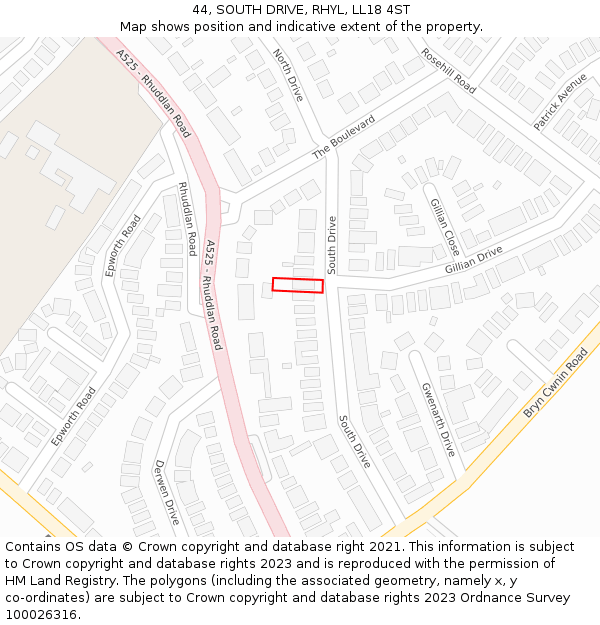 44, SOUTH DRIVE, RHYL, LL18 4ST: Location map and indicative extent of plot