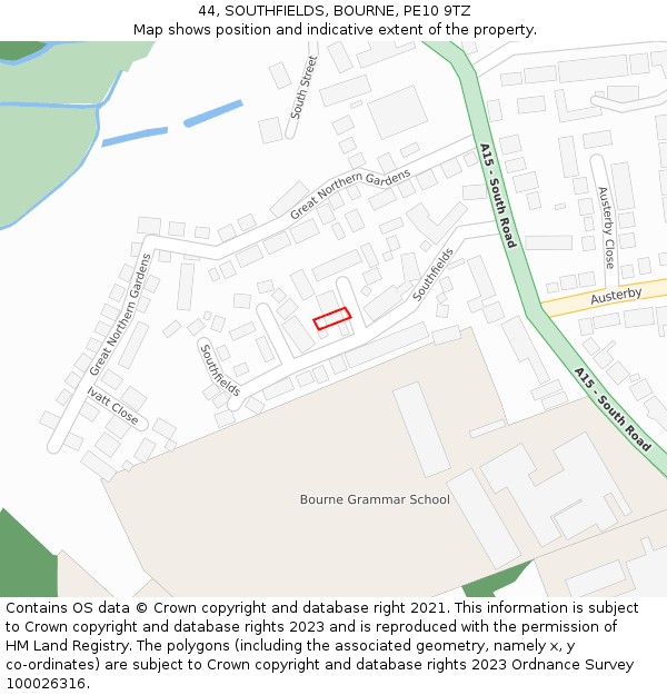 44, SOUTHFIELDS, BOURNE, PE10 9TZ: Location map and indicative extent of plot