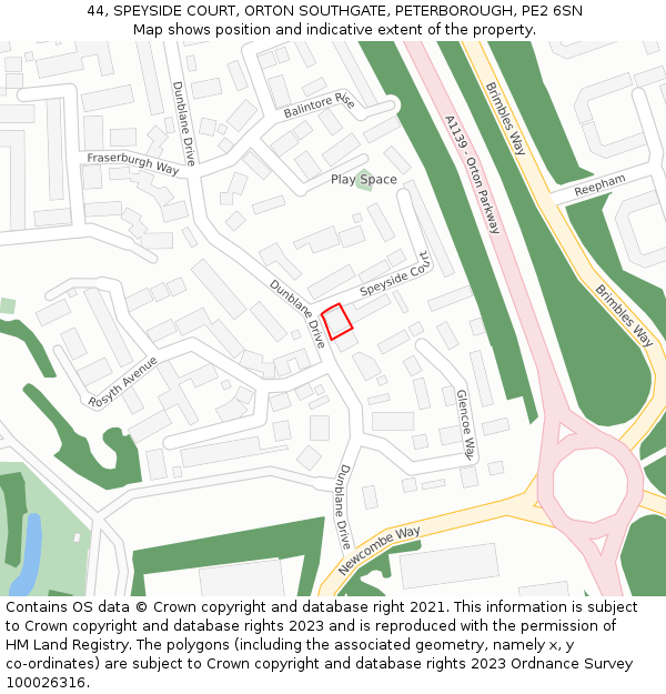 44, SPEYSIDE COURT, ORTON SOUTHGATE, PETERBOROUGH, PE2 6SN: Location map and indicative extent of plot