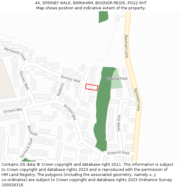 44, SPINNEY WALK, BARNHAM, BOGNOR REGIS, PO22 0HT: Location map and indicative extent of plot