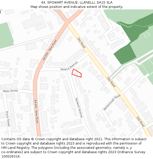 44, SPOWART AVENUE, LLANELLI, SA15 3LA: Location map and indicative extent of plot