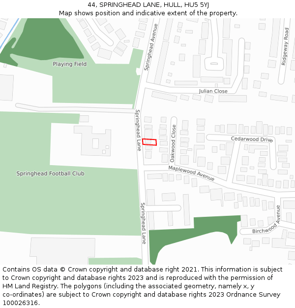 44, SPRINGHEAD LANE, HULL, HU5 5YJ: Location map and indicative extent of plot