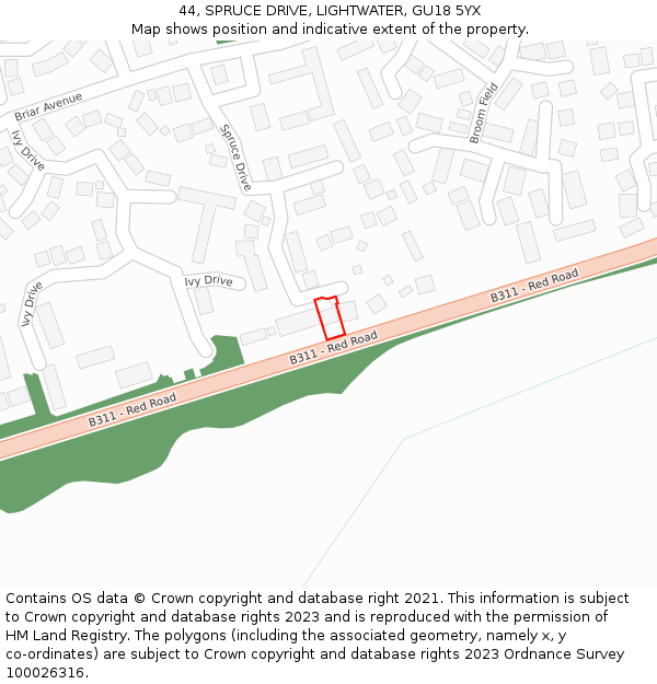 44, SPRUCE DRIVE, LIGHTWATER, GU18 5YX: Location map and indicative extent of plot