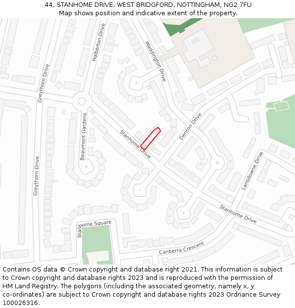 44, STANHOME DRIVE, WEST BRIDGFORD, NOTTINGHAM, NG2 7FU: Location map and indicative extent of plot