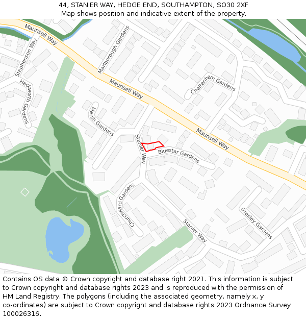 44, STANIER WAY, HEDGE END, SOUTHAMPTON, SO30 2XF: Location map and indicative extent of plot