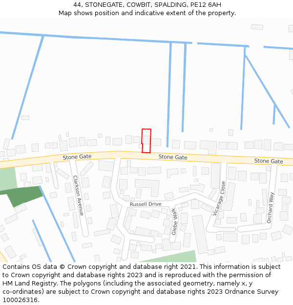 44, STONEGATE, COWBIT, SPALDING, PE12 6AH: Location map and indicative extent of plot