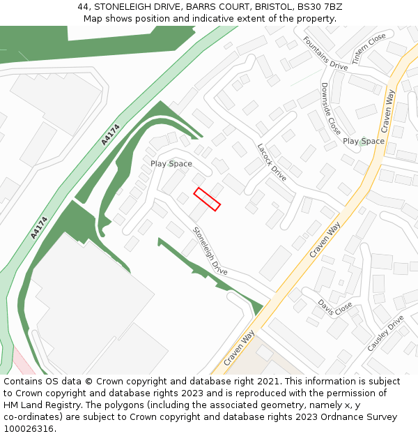 44, STONELEIGH DRIVE, BARRS COURT, BRISTOL, BS30 7BZ: Location map and indicative extent of plot