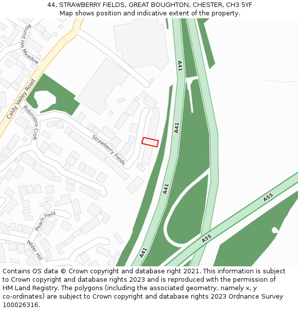 44, STRAWBERRY FIELDS, GREAT BOUGHTON, CHESTER, CH3 5YF: Location map and indicative extent of plot