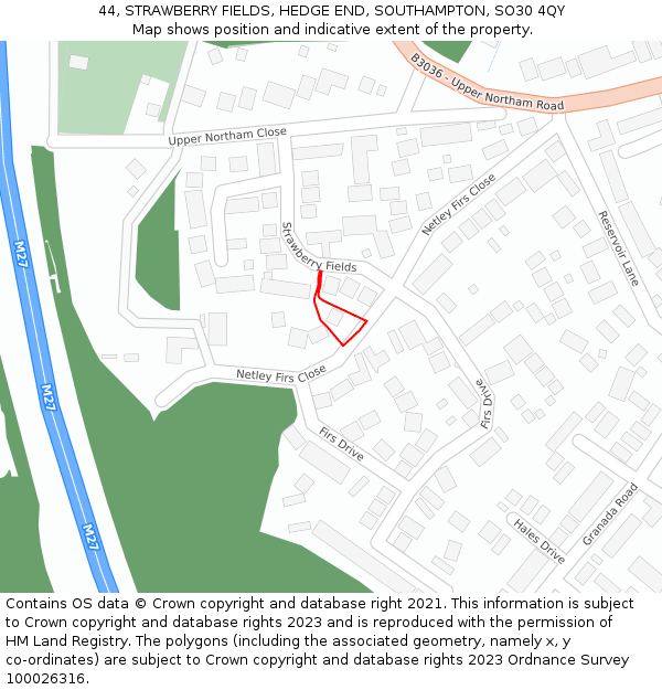 44, STRAWBERRY FIELDS, HEDGE END, SOUTHAMPTON, SO30 4QY: Location map and indicative extent of plot