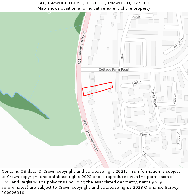 44, TAMWORTH ROAD, DOSTHILL, TAMWORTH, B77 1LB: Location map and indicative extent of plot