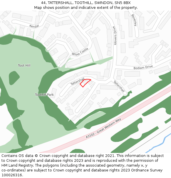 44, TATTERSHALL, TOOTHILL, SWINDON, SN5 8BX: Location map and indicative extent of plot