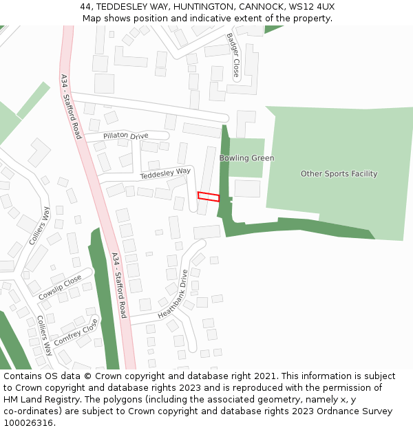 44, TEDDESLEY WAY, HUNTINGTON, CANNOCK, WS12 4UX: Location map and indicative extent of plot