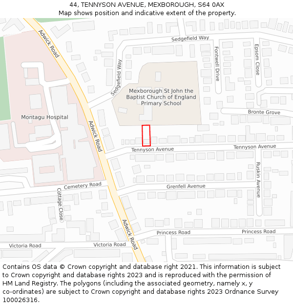 44, TENNYSON AVENUE, MEXBOROUGH, S64 0AX: Location map and indicative extent of plot