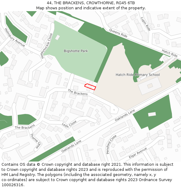 44, THE BRACKENS, CROWTHORNE, RG45 6TB: Location map and indicative extent of plot