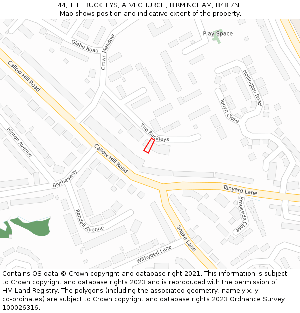 44, THE BUCKLEYS, ALVECHURCH, BIRMINGHAM, B48 7NF: Location map and indicative extent of plot