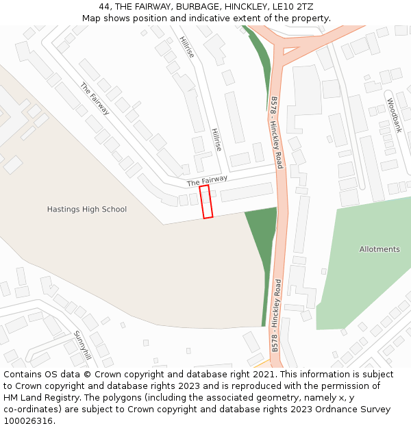 44, THE FAIRWAY, BURBAGE, HINCKLEY, LE10 2TZ: Location map and indicative extent of plot