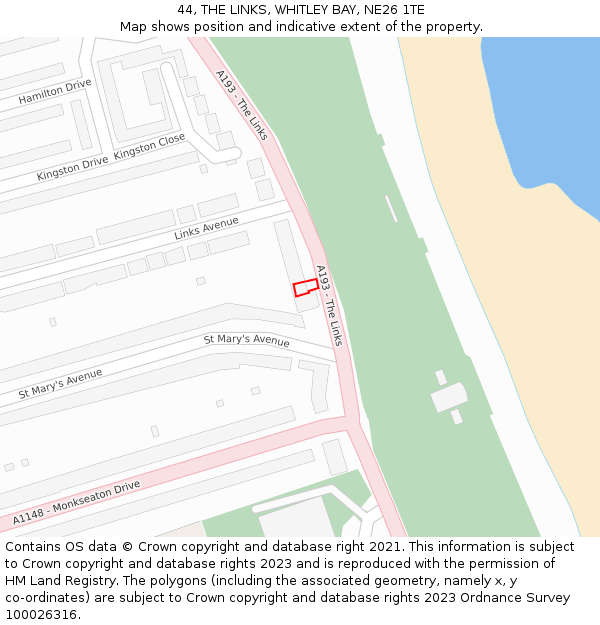 44, THE LINKS, WHITLEY BAY, NE26 1TE: Location map and indicative extent of plot