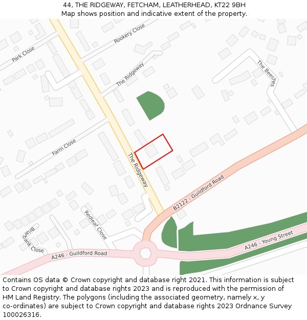 44, THE RIDGEWAY, FETCHAM, LEATHERHEAD, KT22 9BH: Location map and indicative extent of plot