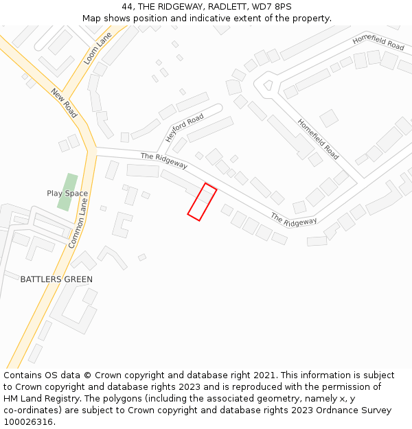 44, THE RIDGEWAY, RADLETT, WD7 8PS: Location map and indicative extent of plot