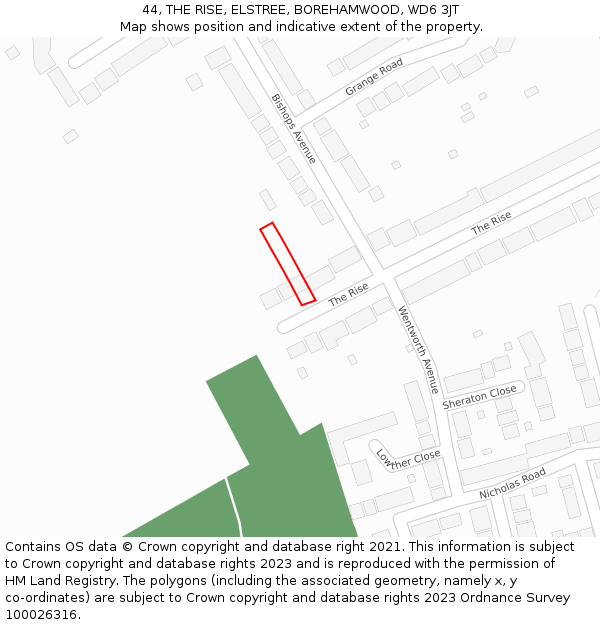 44, THE RISE, ELSTREE, BOREHAMWOOD, WD6 3JT: Location map and indicative extent of plot