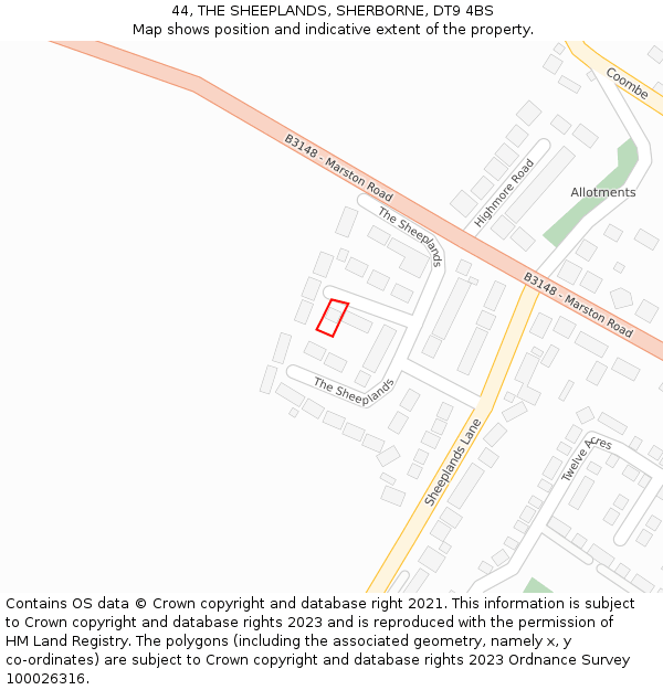 44, THE SHEEPLANDS, SHERBORNE, DT9 4BS: Location map and indicative extent of plot