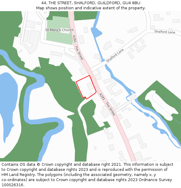 44, THE STREET, SHALFORD, GUILDFORD, GU4 8BU: Location map and indicative extent of plot