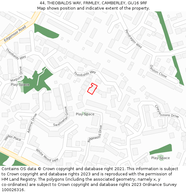44, THEOBALDS WAY, FRIMLEY, CAMBERLEY, GU16 9RF: Location map and indicative extent of plot