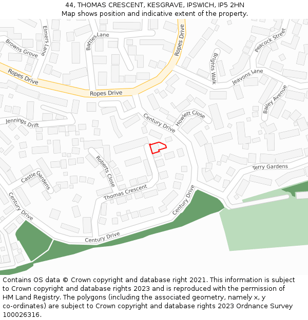 44, THOMAS CRESCENT, KESGRAVE, IPSWICH, IP5 2HN: Location map and indicative extent of plot