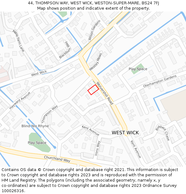 44, THOMPSON WAY, WEST WICK, WESTON-SUPER-MARE, BS24 7FJ: Location map and indicative extent of plot