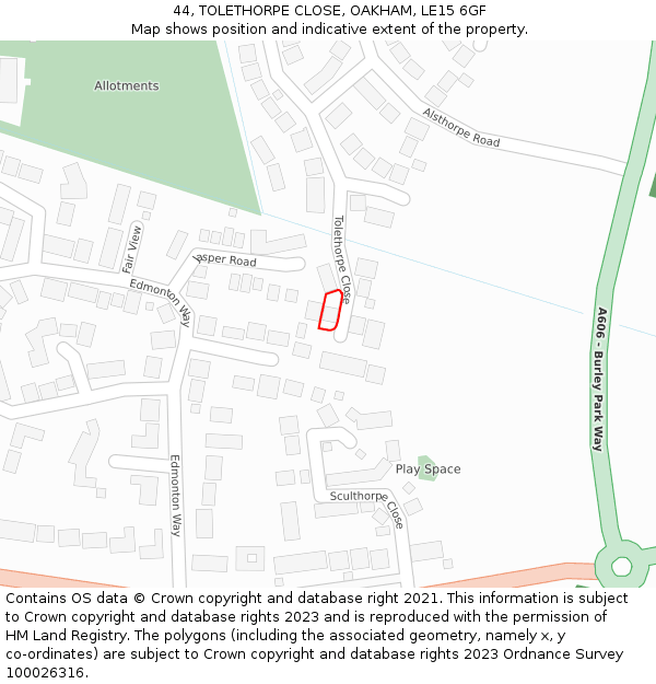44, TOLETHORPE CLOSE, OAKHAM, LE15 6GF: Location map and indicative extent of plot