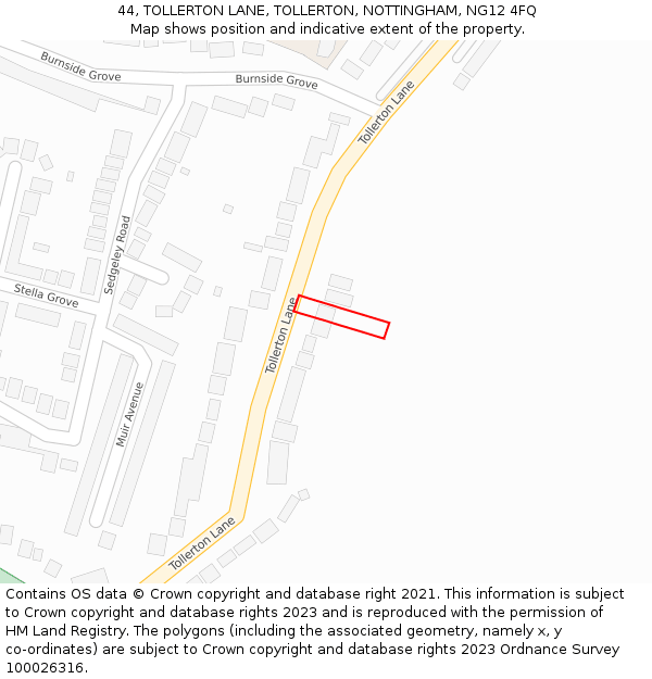 44, TOLLERTON LANE, TOLLERTON, NOTTINGHAM, NG12 4FQ: Location map and indicative extent of plot