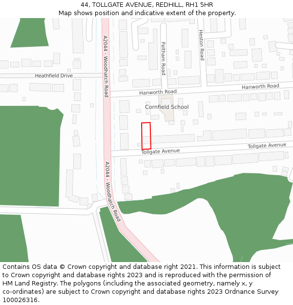 44, TOLLGATE AVENUE, REDHILL, RH1 5HR: Location map and indicative extent of plot