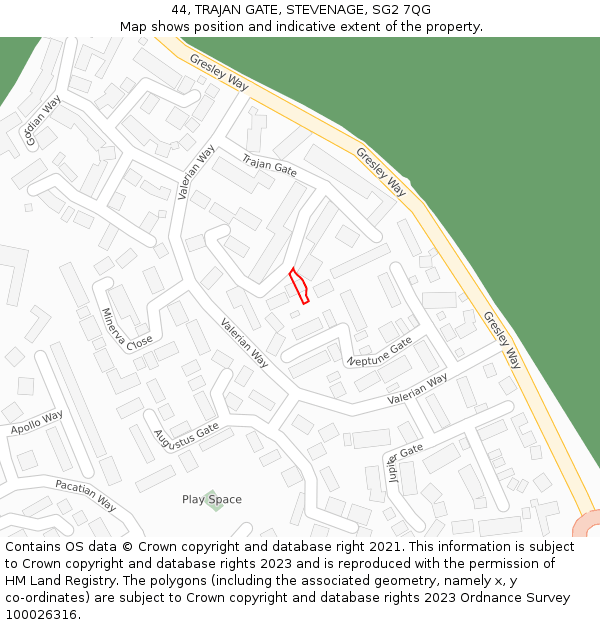 44, TRAJAN GATE, STEVENAGE, SG2 7QG: Location map and indicative extent of plot