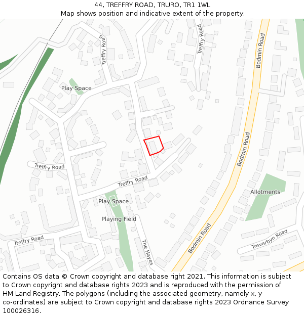 44, TREFFRY ROAD, TRURO, TR1 1WL: Location map and indicative extent of plot