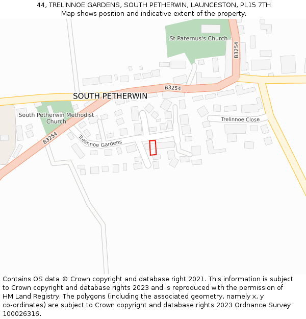 44, TRELINNOE GARDENS, SOUTH PETHERWIN, LAUNCESTON, PL15 7TH: Location map and indicative extent of plot