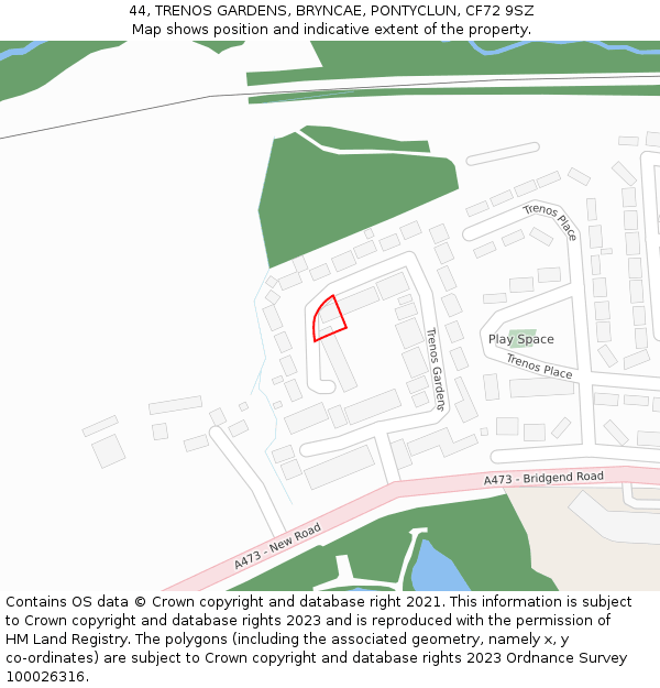 44, TRENOS GARDENS, BRYNCAE, PONTYCLUN, CF72 9SZ: Location map and indicative extent of plot