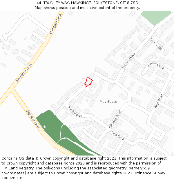 44, TRUNLEY WAY, HAWKINGE, FOLKESTONE, CT18 7SD: Location map and indicative extent of plot