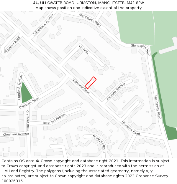 44, ULLSWATER ROAD, URMSTON, MANCHESTER, M41 8PW: Location map and indicative extent of plot