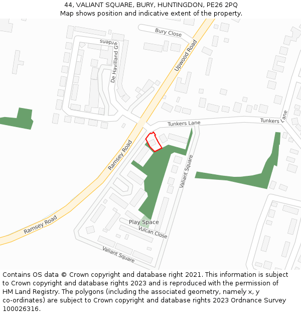 44, VALIANT SQUARE, BURY, HUNTINGDON, PE26 2PQ: Location map and indicative extent of plot