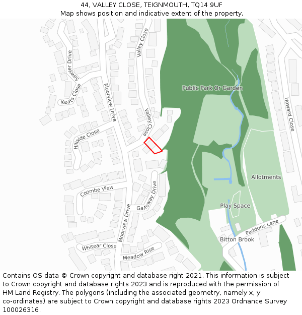 44, VALLEY CLOSE, TEIGNMOUTH, TQ14 9UF: Location map and indicative extent of plot